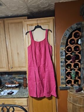 Eileen Fisher Pink Organic Linen Midi Cami Dress Sleeveless Pockets Lagenlook